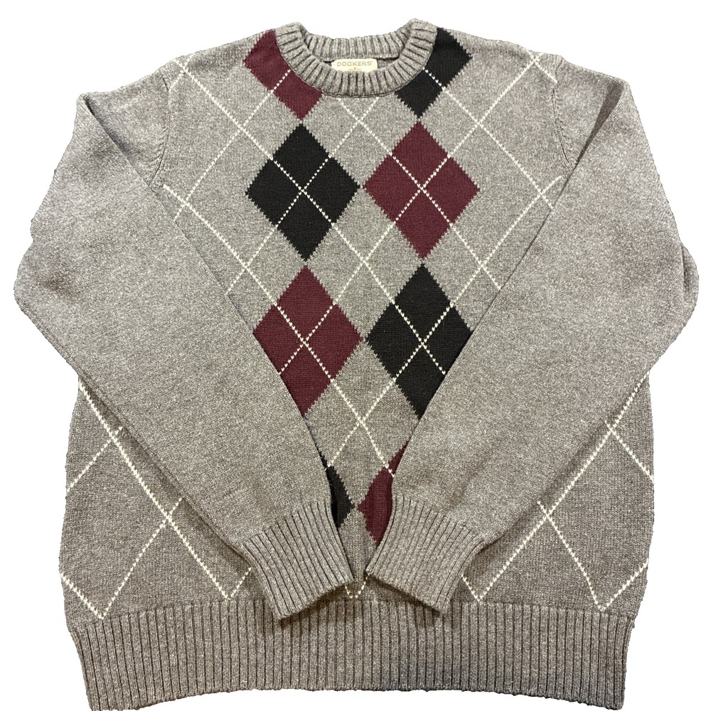 Dockers Argyle sweater gray burgundy Black Long Sleeve small preppy collegiate